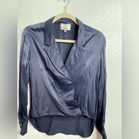 3.1 Phillip Lim Long Sleeve Navy Blue Wrap Blouse Sz 0 - Picture 4 of 16